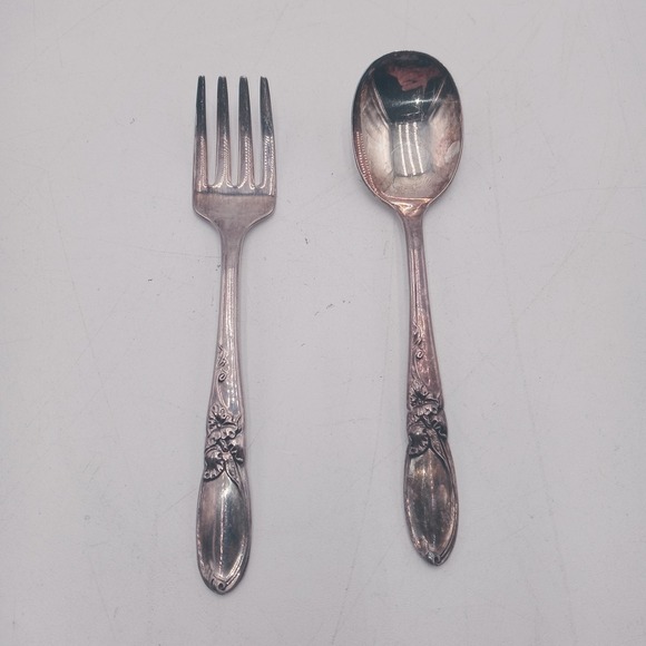 VTG White Orchid Oneida Community Silver Plated Infant Youth Spoon‎ Fork Set - Picture 1 of 7